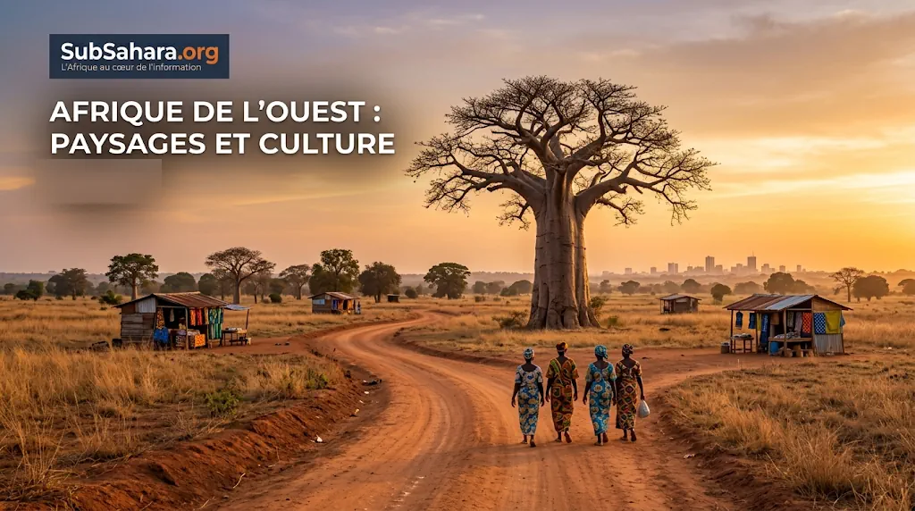 Paysage d'Afrique de l'Ouest au coucher du soleil avec un arbre imposant en arrière-plan